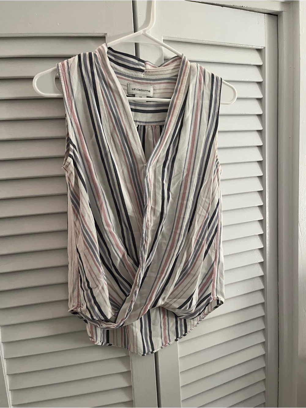 Liz Claiborne Sleeveless Striped Draped Front Top in White, Pink & Blue